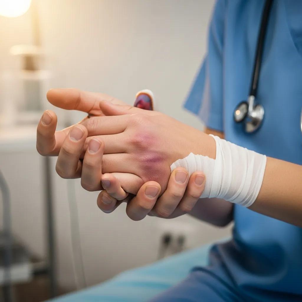 Person holding an injured hand showing signs of swelling and pain in a medical setting