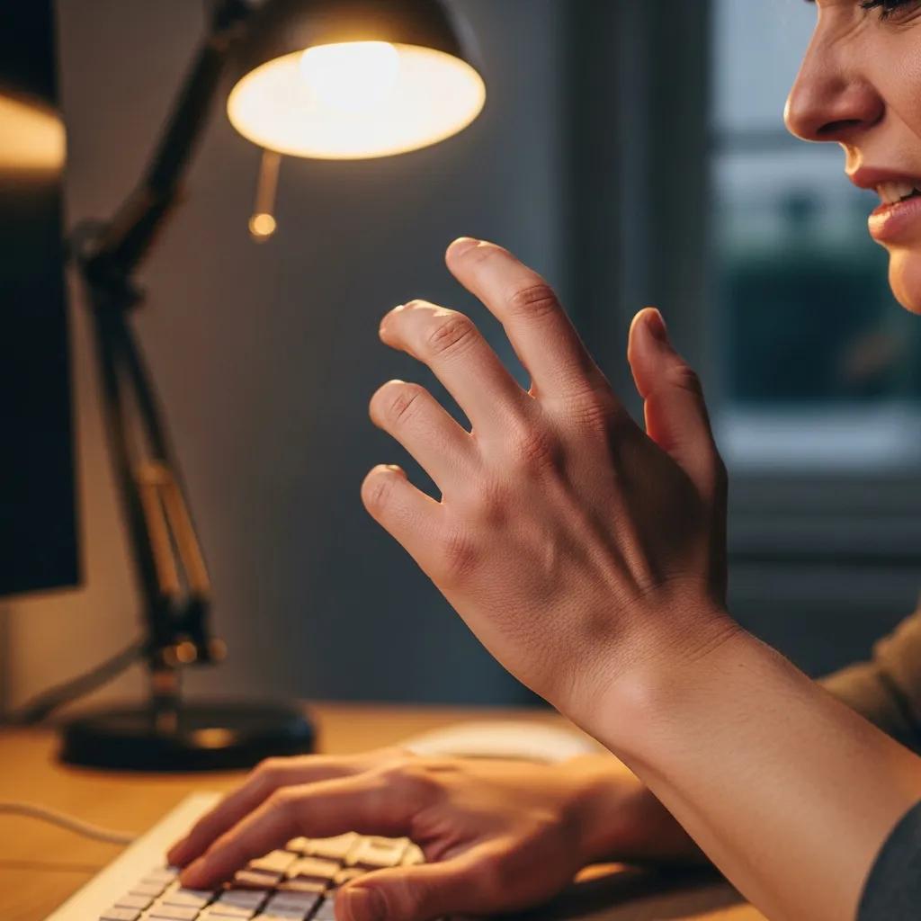 Person showing discomfort in their hand while typing, illustrating symptoms of tendon injuries