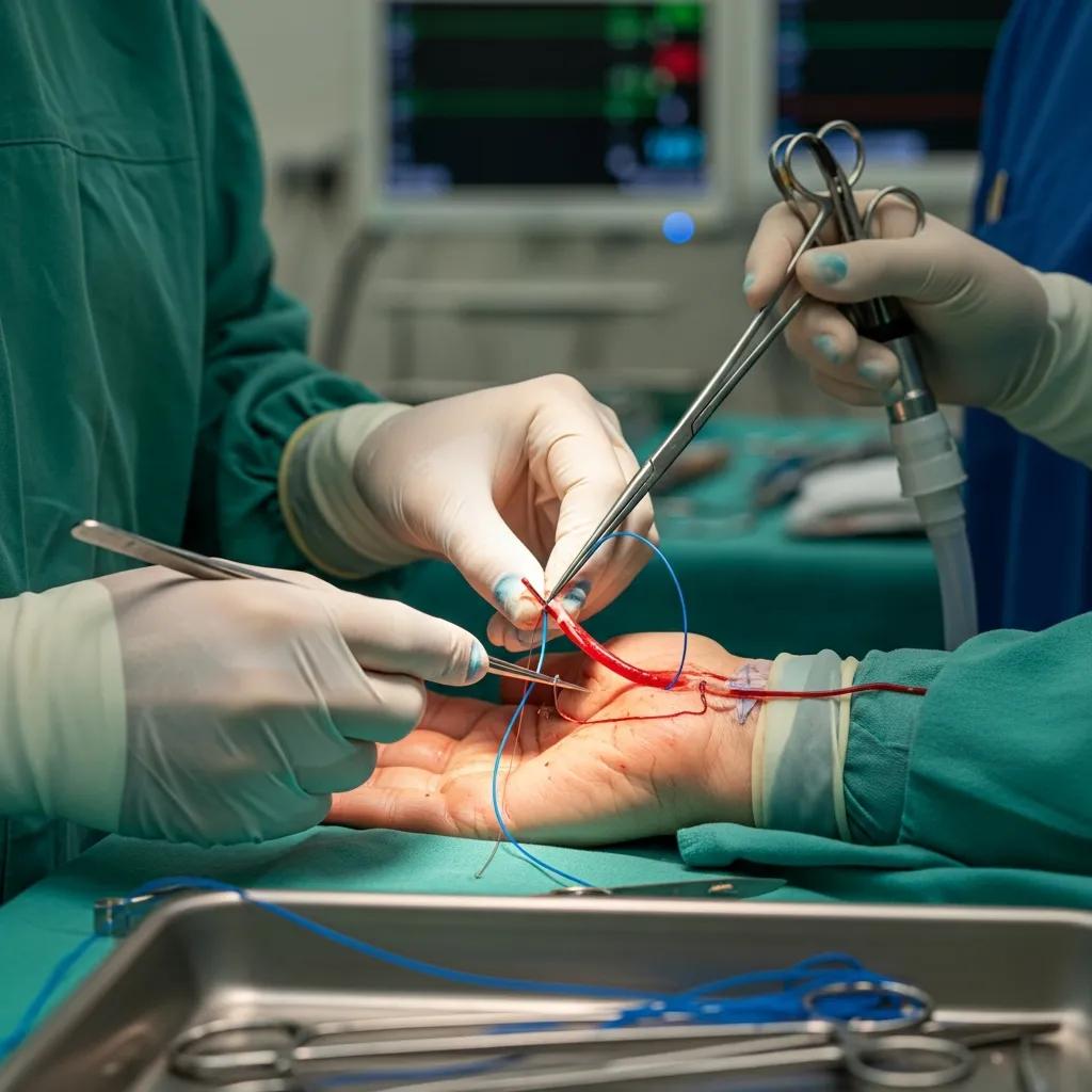Surgeon's hands performing tendon repair surgery, highlighting surgical techniques and tools